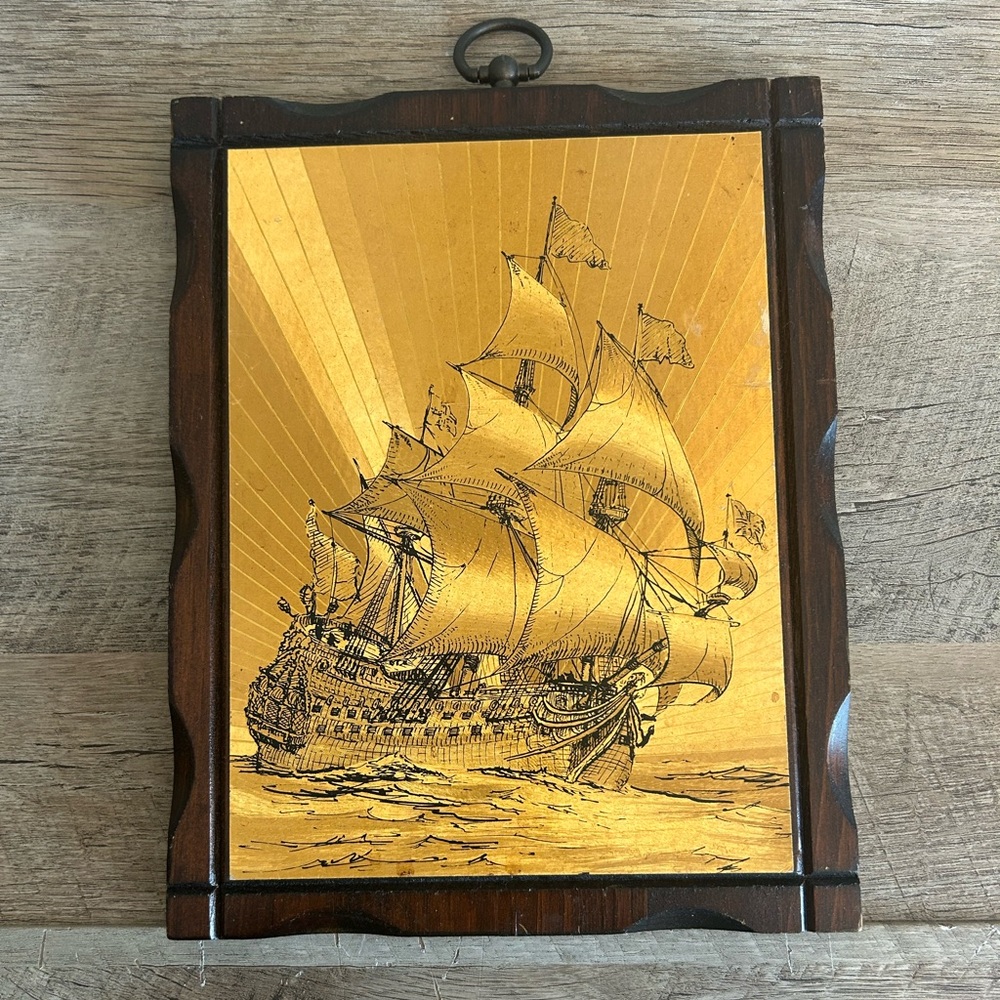 Vintage 1980s Jerry Schultz Gold Foil Prints Sailing Ship Art Wood Frame Ship